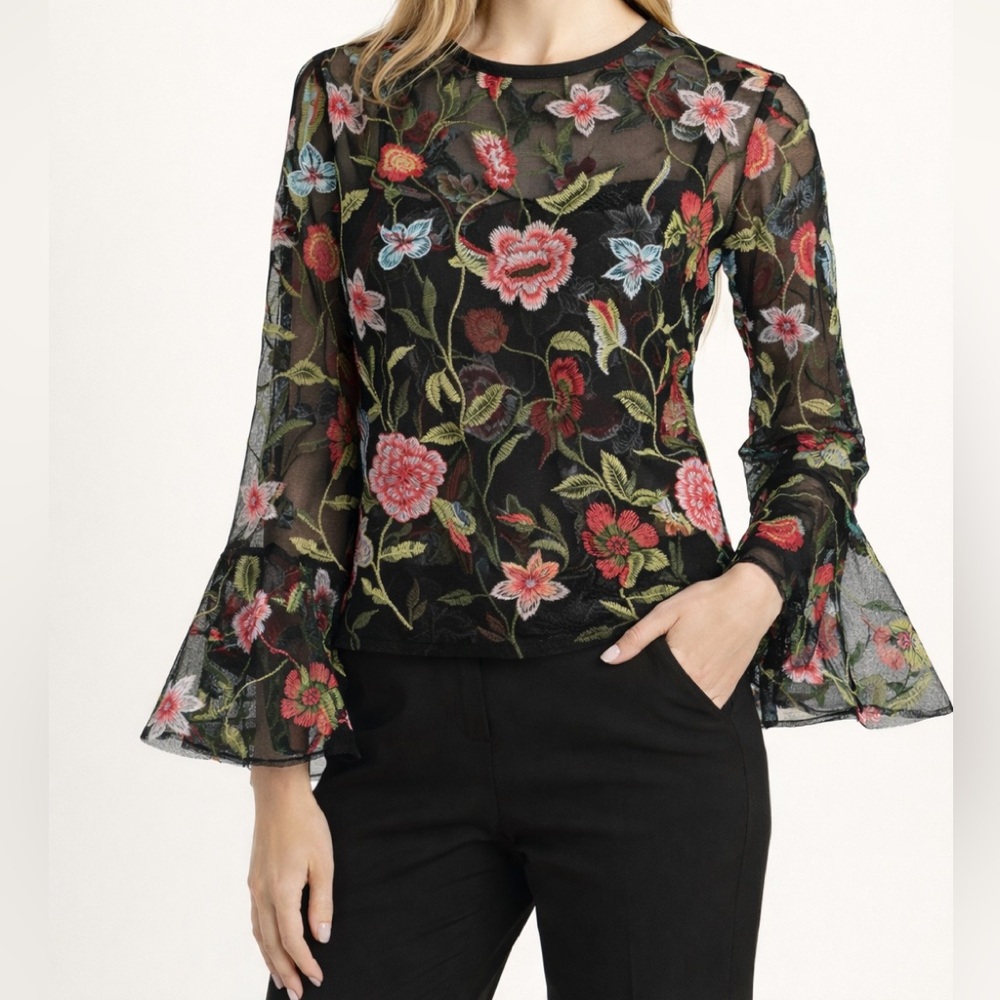 Piano C Made in Italy Sheer Mesh Floral Embroidered Blouse Bell Sleeve Top Women